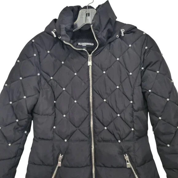 Karl Lagerfeld Paris Women's Quilted Hooded Jacket With Pearl Accents & Zipper P - Picture 2 of 7